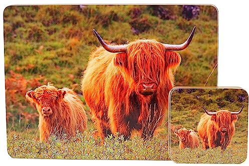 Set Of 4 Highland Cow On Moors Scene Dinner Place Mats And Coasters