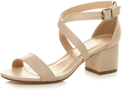 Ajvani Womens Ladies mid Low Block Heel Cross Straps Party Strappy Sandals, Nude Matte, 6 UK