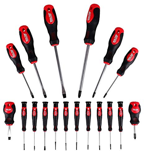 WALTER Schraubendreher-Set 18-teilig, Präzisionsschraubendreher, praktisches Set mit Schlitz, Phillips & Torx, ergonomisch geformte Gummi-Griffe, magnetische Spitzen, inkl. Wandhalterung und Schrauben
