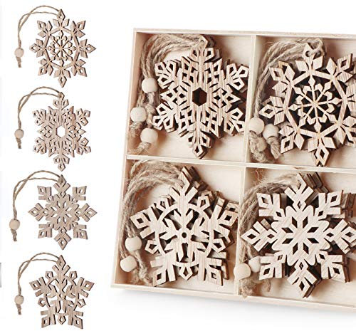 Wooden Snowflakes 16 Pcs Christmas Ornaments Rustic Christmas Tree Hanging Decorations Ornament Craft Gift Embellishments