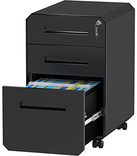 YITAHOME 3-Drawer Filing Cabinet Office Drawers with Lock, Divider and Pencil Tray, Portable Metal File Cabinet, Pre-Built Office Storage Cabinet (Black)