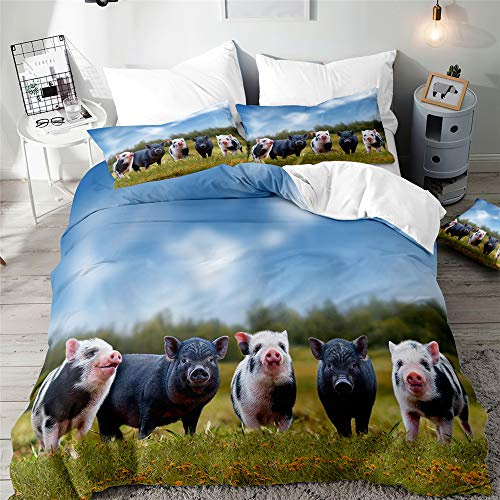 Morbuy Schweinchen Drucken Bettbezug Bettwäsche Set - Erwachsene Kinder Bettwäsche-set, Mikrofaser Weiche Bettbezug mit Reißverschluss und Kissenbezüge (200x200cm,Schweinchen Freund)