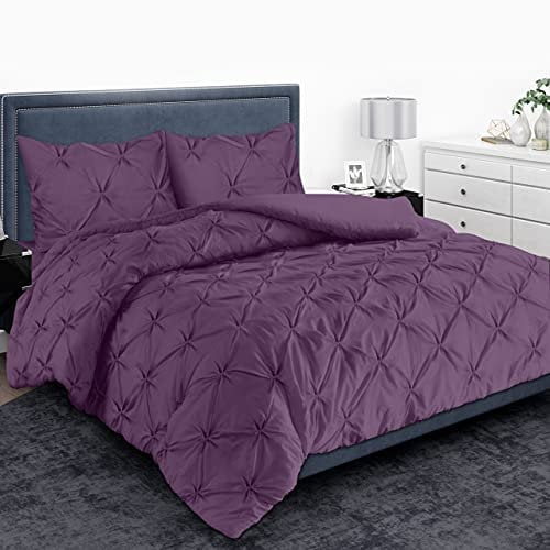 MH Home Pintuck Double Duvet Cover Set - 200 Thread Count 100% Egyptian Cotton Pinch Pleated Quilt Bedding Covers Set (Plum, Double)