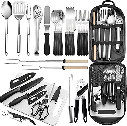 Ensemble d'ustensiles de Cuisine Portable de Camping - 27 pièces - en Acier Inoxydable - Idéal pour Les Voyages, Les Pique-niques, Les Camping-Cars, Les barbecues, Les fêtes et Plus Encore