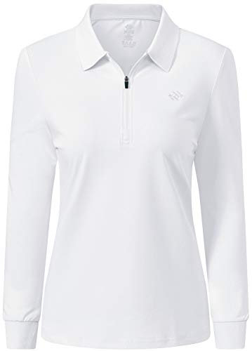 MoFiz Women Golf Polo Shirts Long-Sleeve Top Classic Tipped Collars Casual Sports T-Shirts White Size L