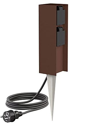 ledscom.de Garten-Steckdosen-Säule POMI mit Erdspieß und 2m Kabel für außen, IP44, 2-Fach, braun, eckig, 23cm