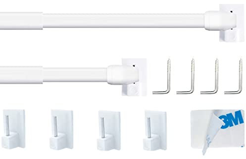2Pcs Net Curtain Rods Extendable, Adjustable Rod for Walls, Extendable Curtain Rods White for Cupboard, Windows with 4PCS Self-Adhesive Rod's Hooks(90-150CM/35.43-59.05Inch, White)