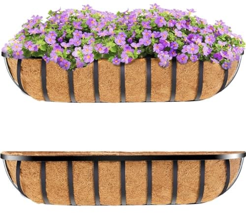 HFHOME 2Pcs 30/76.2cm Large Wall Trough Rail Planters,Heavy Duty Metal Planter Box with Coconut Coir replacement,Gardening Kit for Window Box Porch Balcony & Outdoor Fences