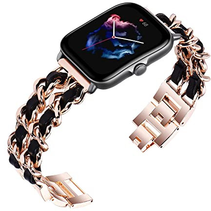 Niboow 20mm Cinturino per Amazfit GTR Mini/GTS 4/GTS 4 Mini/Bip 3 Pro/Bip 3/GTS 3/GTS 2 Mini, Metallo Pelle Cinturino per Garmin Vivoactive 5/Venu Sq 2/Venu Sq 2 Music/Venu 2 Plus - Oro Rosa/Nero
