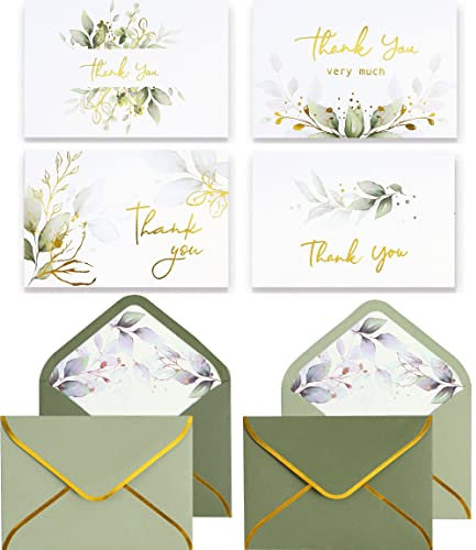 Winoo Design 100 Stück salbeigrüne Dankeskarten mit Umschlägen Bulk – 12,7 x 8,9 cm Gold Greenery Hochzeit Dankeskarten Babyparty Dankeskarten für Brautdusche Kleinunternehmen Geburtstag