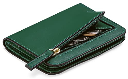GAEKEAO Women's Wallet RFID Blocking Leather Compact Bi-fold Wallet for Woman Zipper Coin Pocket Small Ladies Purse with ID Window (Dark Green)