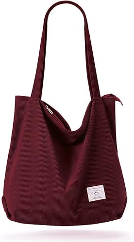 KALIDI Damen-Cordtasche mit Reißverschluss, lässige Tragetasche, Handtasche mit großer Kapazität und Fächern, Schultertasche, Rot/Ausflug, einfarbig (Getaway Solids), Large