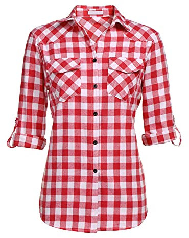UNibelle Chemisier traditionnel à carreaux pour femme - Manches longues - Chemise traditionnelle Oktoberfest - Chemise à carreaux - Chemise en bois - Haut décontracté - Col en V, Rouge pastèque (une