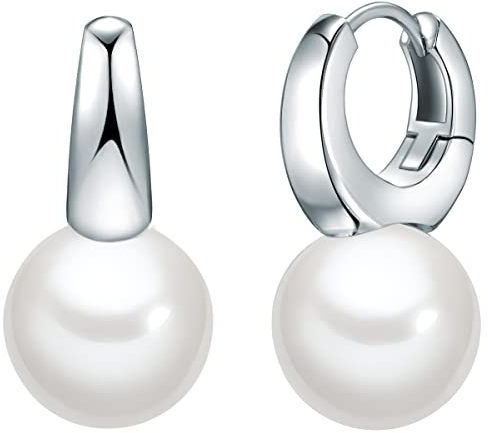 Rafaela Donata Damen Creolen aus 925/- Sterling Silber mit Rund Muschelkernperle 12 mm weiß - Klappcreolen Perlencreolen klassisch