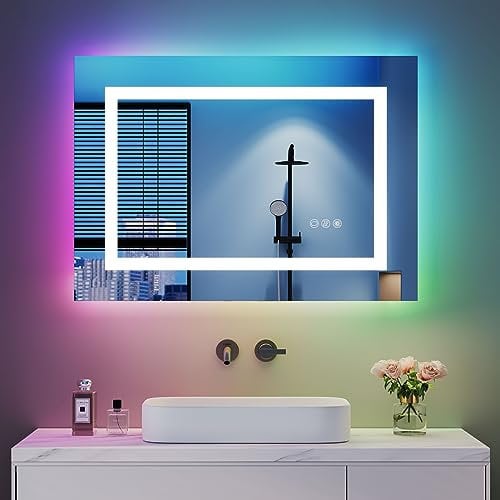 Dripex RGB Bathroom Mirror with 3 LED Lights, 500 * 700 MM Illuminated Bathroom Mirrors Vanity Mirror RGB Backlit + Front Lighted, Dimmable and Demister Pad, Horizontal/Vertical