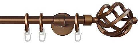 Garesa Gardinenstange Rustika Ø 16mm, 1-läufig, Bronze I Rustikale Vorhangstange aus Metall inkl. Ringe + Faltenlegehaken I Mit Endknopf Korb I 150cm