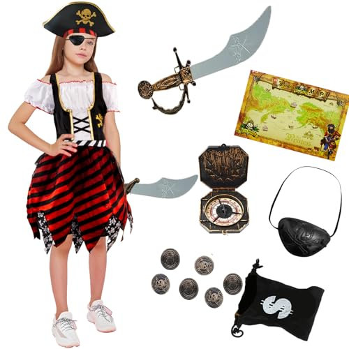 Kitimi Piratenkostüm für Mädchen - Kinder Piraten Kostüm mit Hut, Augenklappe, Kompass, Geldbeutel, Ohrring - Cosplay, Halloween, Karneval, Fasching, Party