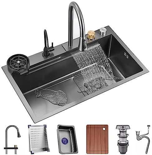 Fregadero de cocina de acero inoxidable 304, fregadero de barra de un solo cuenco, grifo desplegable de cascada y juego completo de accesorios de doble montaje (tamaño: 68 x 45 x 22 cm)