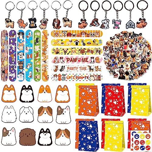 116 PCS Puppy Dog Party Favors, Dog Paw Party Birthday Supplies Include Goodie Bags, Slap Bracelets, Keychain, Stickers and Button Badges for Kids Pet Theme Decorations Pinata Fillers Treat Gift