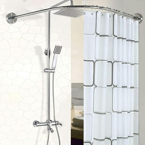 FLTRGO Tringle à Rideau De Douche Incurvée Réglable, Barre Douche Extensible Forme L, sans Poinçon Tringle à Rideau Angle 304 Acier Inoxydable pour Salle Bain, Argent Nickel Brossé