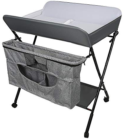 Belfoyer Wickeltisch, klappbar, mit Aufbewahrungskorb an der Seite aus Eisen, Sicherheitsgurt und 4 Rollen mit Bremse, höhenverstellbar, 80 x 63 x 93-99 cm, Grau