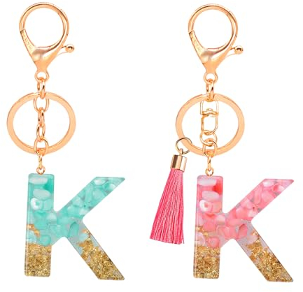 Lot de 2 porte-clés en forme de lettre « K » avec pompon, fermoir mousqueton, porte-clés en résine, accessoires de sac à main pour fille, sac à main (rose-vert), Rose, vert., nein