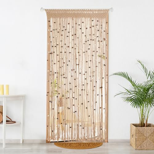 BECHAEO Makramee-Perlenvorhang, Boho-Stil, handgefertigt, Baumwolle, für Tür, Fenster, Holzperlen, Quasten, hängend, Hippie-Raumteiler, Flur, Schrank, Schlafzimmer, Privatsphäre, Dekoration, 1 Vorhang