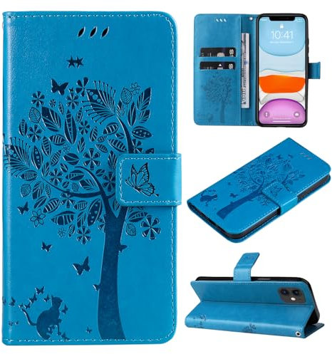 VEEMOS Handyhülle für Apple iPhone 11 Hülle Klappbar Katze-Baum mit Kartenfach Klapphülle Schutzhülle Handy Tasche Leder Book Flip Case Cover Handytasche Damen - Blau