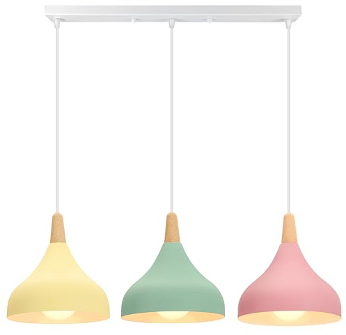 iDEGU 3-flammig Hängelampe Retro E27 Hängeleuchte Moderne Tropfenförmig Lampenschirm Pendelleuchte aus Metall Holz Vintage Lampe für Esszimmer Küche Wohnzimmer Schlafzimmer (Balken, Grün+Rosa+Gelb)