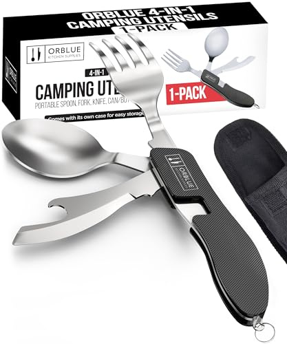 Orblue 4-in-1 Camping Utensils, 1-Pack, Portable Stainless Steel Spoon, Fork, Knife & Bottle Opener Combo Set - Travel, Backpacking Cutlery Multitool, Black