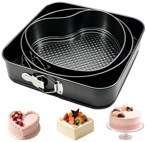 Springform Set,Herz/Rund/Quadrat ∅ 20/22/24cm, Abnehmbarer Flachboden | 3 Stück backform, Backform Rund Springform Quadratbackform, Antihaftbeschichtung,Für DIY-Backen zu Hause, Bäckerei