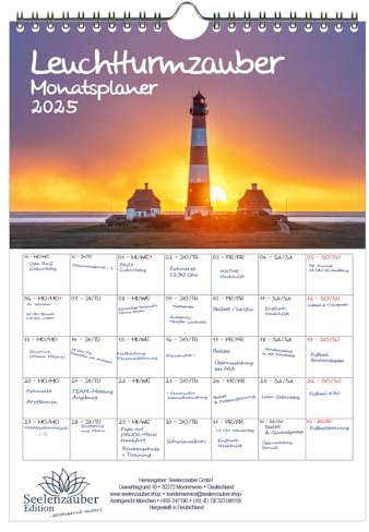 Leuchtturmzauber DIN A4 Kalender Querformat für 2025 Küste Leuchtturm - Inhalt: 1x Kalender 1x Weihnachtsanhänger 1x Grußanhänger (gesamt 3 Teile)