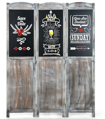 COSTWAY 3 Panel Folding Room Divider with Blackboard Window, Solid Wood Privacy Screen Protector, Vintage Decorative Freestanding Room Partition Paravent Separator for Bedroom Living Room, 136x178cm