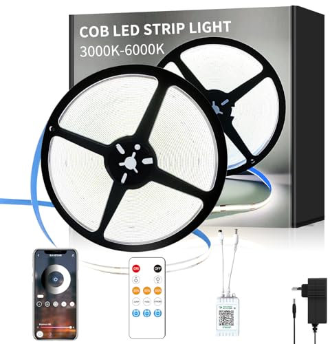 Yeewhale cob Led strip 10m,mit Fernbedienung,APP Steuerung,DC24V 6000k Weiß LED band,flexible Dimmbar COB LED Streifen,anwendbar auf Schlafzimmer, Raum,Schrank,DIY Dekoration