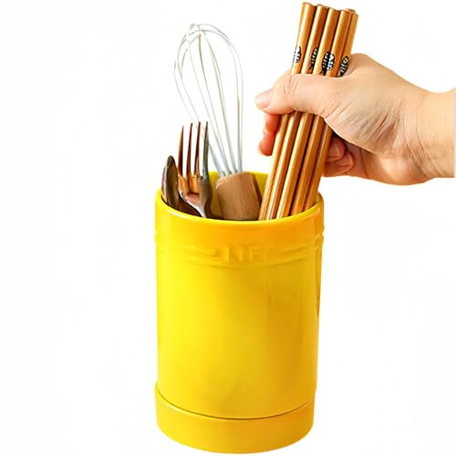Dowbom Pot à ustensiles de cuisine, céramique, jaune, support de comptoir de 10,2 cm, capacité de 14 à 15 pièces