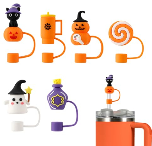6uds Tapas para Popotes Halloween, Funda para Pajitas con Temática Halloween Reutilizables con Diseño Calabaza Fantasma para Pajitas Halloween Compatibles con Stanley Cup de 30 y 40 oz