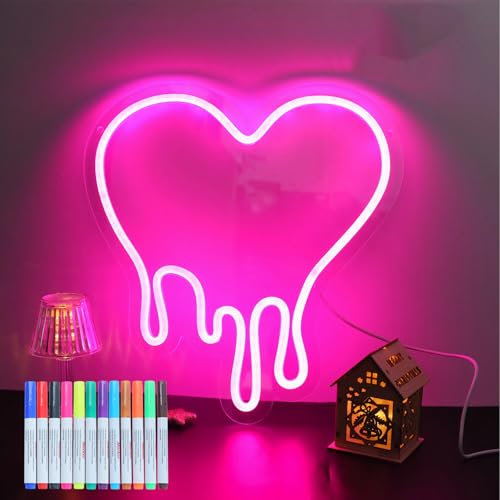 ENUOLI Heart Neon Signs, Pink Led Heart Signs for Room USB Dimmable Neon Lights with White Board Marker for Bedroom Home Living Room Party Cafe Business Pub Restaurant Birthday Girl Women Gift