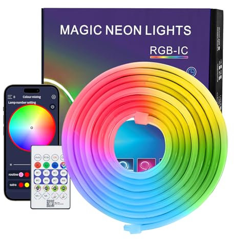 Neon LED Strip 3 m, Wasserdicht IP67 RGBIC LED Streifen 5V Dimmbar & Musik Sync, Flexible Neon LED Streifen mit APP und Fernbedienung Steuerung, DIY-Formen, für Haus, Zimmer, Garten, Wand, Gaming Deko