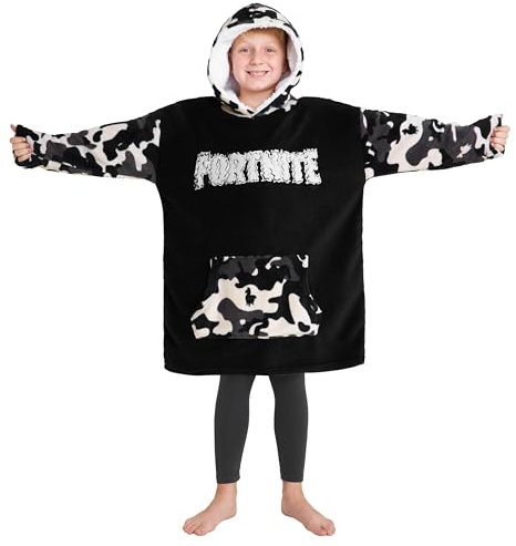 Fortnite Felpa Oversize Bambino Ragazzi 14+ Cappuccio Coperta Indossabile Extra Lungo Poncho Pile Giocatore Regali Bambini (Mimetica Bianco/Nero Bambini)