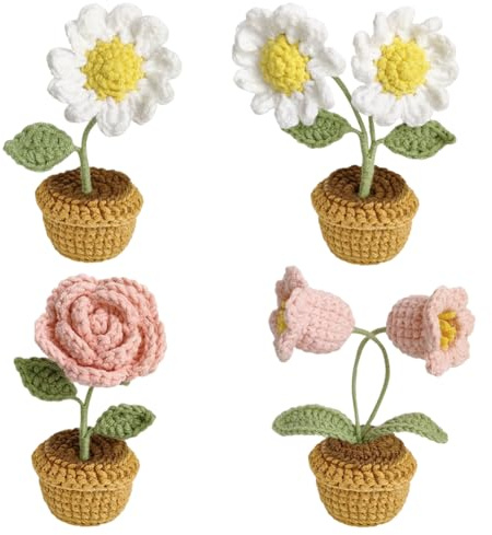 Magicherry 4 Pezzi Fiori all'Uncinetto Piccoli da Vaso Lavorati a Maglia Margherita Rosa Mughetto Fiori Artificiali di Filato di Lana per Cruscotto Auto Casa Ufficio Tavolo Centrotavola Decorazione