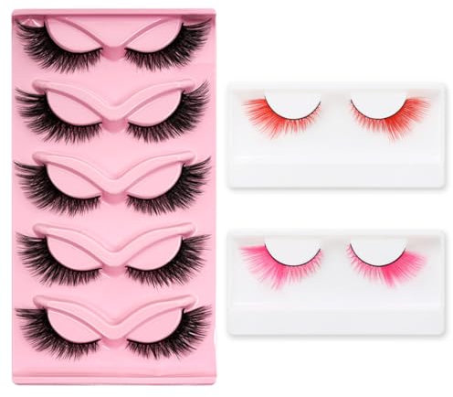 QOWUXHZ 7 Paires Demi Faux Cils Naturel 3D Fox Eye Lashes Cat Eye Lashes Doux Yeux De Chat Oeil Moelleux Faits À La Main Angel Winged Reutilisable Fake Eyelashes Noir Rouge Rosa