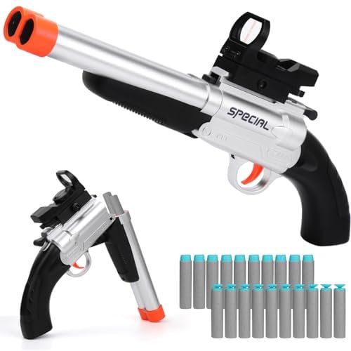 Kufanda Fusil à Double Canon Jouet, Blaster en Mousse EVA avec 20 Balles Souples (Portée 13m), Pistolet Sécuritaire pour Enfants 8+ Ans, Cadeau Garçon Noël Anniversaire (Argenté)