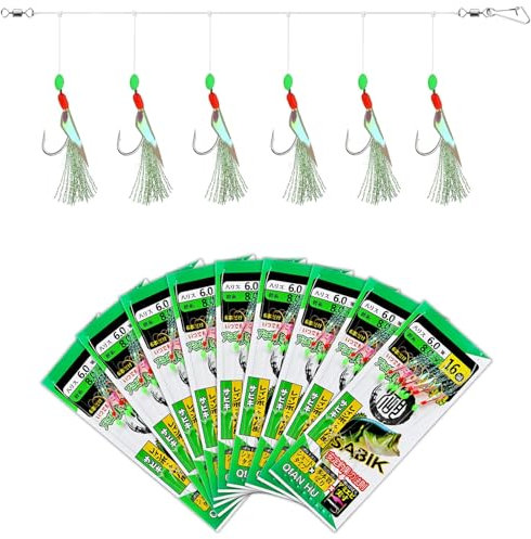9 Pcs Mackerel Feathers Rigs 54 Hooks, Pre Tied Sea Fishing Rigs with Luminous Beads Bionic Flying Insects Lure Rigs for Mackerel, Pollock, Cod, Herring, Bass