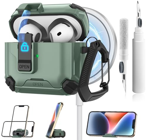 Vancle für AirPods 4 Hülle mit Handyhalterung & MagSafe, Kopfhörer-Etui mit Automatischem Sicherheitsverschluss und vollem Schutz und Reinigungsset für AirPods 4 Gen 2024