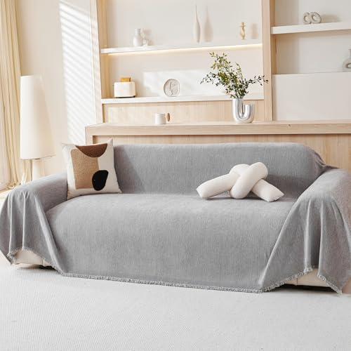 VANJOROY Sofaüberwurf aus 100 % Chenille, für 3- und 4-Sitzer, extra große Überwürfe für Sofas, natürlicher, luxuriöser weicher Überwurf für Stuhl, Couch und Bett, Hellgrau, 180 x 380 cm