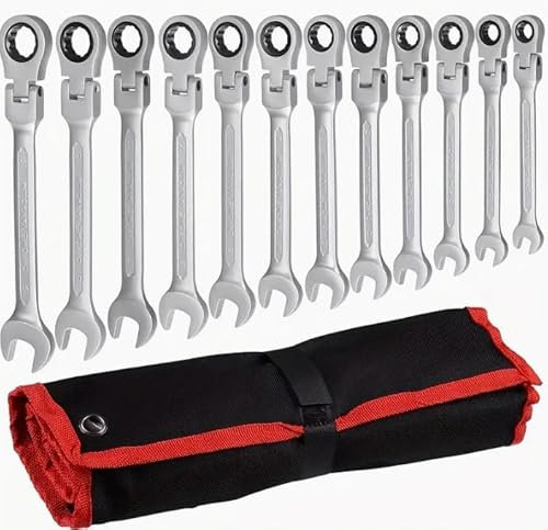 AC Tools 12 piezas Juego de Llave Trinquete Articuladas Llaves Combinadas Flexible Llaves Fijas con Carraca 8-19 mm, Cr-V, 72 dientes