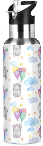 Sevdomey Gourde isotherme en acier inoxydable avec couvercle à paille - Motif hippopotames mignons - 946 ml - Pour sport, cyclisme, randonnée, gym, école, maison