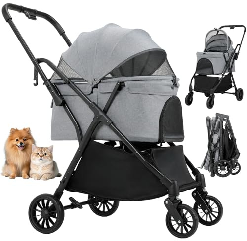 MAMIZO Faltbarer Hundebuggy One-Touch, Faltbar Katzenwagen Bis 20 kg, Hinterradbremsen, Atmungsaktives Frontfenster, Haken zum Aufhängen, 4 PCS 360° Gummiräder, für kleine Hunde Katz, Dunkelgrau