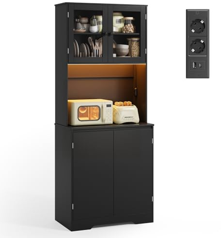 Xbro Armario de Cocina con Regleta y Tira de Luces LED y Encimera, Mueble Auxiliar de Cocina para Cocina, Comedor, Salón 73 x 40 x 180 cm, Negro