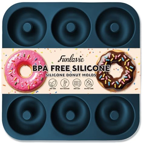 FUNLAVIE Large Silicone Donut Pan for Baking, 9 Cavity Non-Stick Food Grade Silicone Donut Molds, Doughnut Pan and Bagel Pans for Baking & Kitchen, BPA Free 11.2 x 11.1 Inches, Dishwasher Safe - Blue